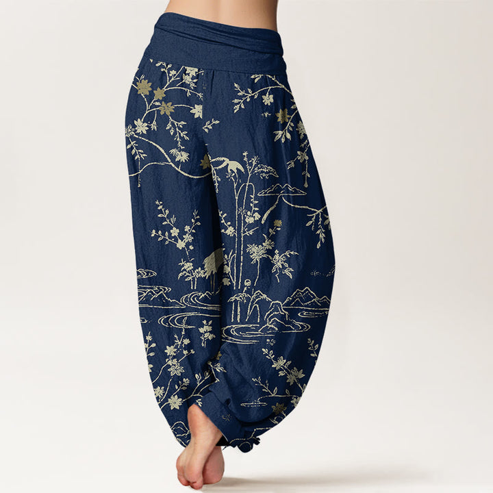 Pantaloni harem da donna in puro cotone con elastico in vita, motivo floreale, gru, Buddha Stones rami di albero - image 1