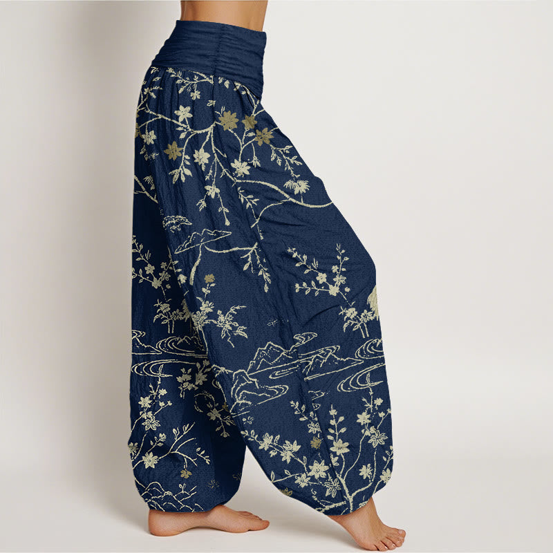 Pantaloni harem da donna in puro cotone con elastico in vita, motivo floreale, gru, Buddha Stones rami di albero - image 2