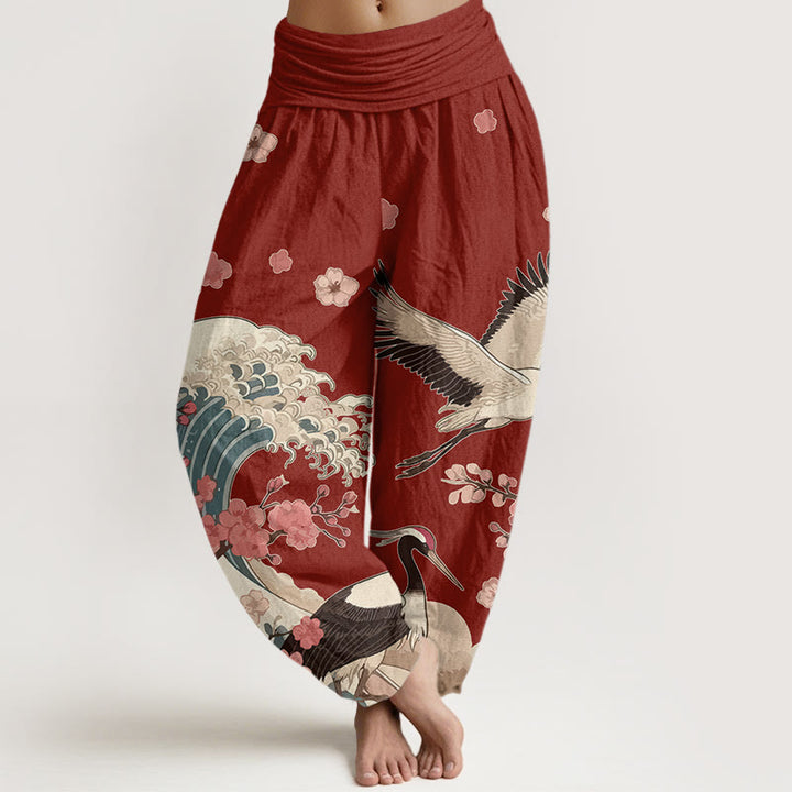 Pantaloni harem da donna con elastico in vita, in puro Buddha Stones , con gru e fiori di pesco e oceano - Rosso scuro - US16, UK/AU20, EU48 (3XL) - image 0