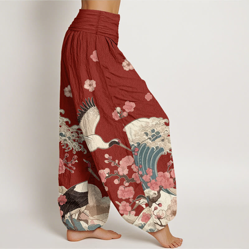 Pantaloni harem da donna con elastico in vita, in puro Buddha Stones , con gru e fiori di pesco e oceano - image 2