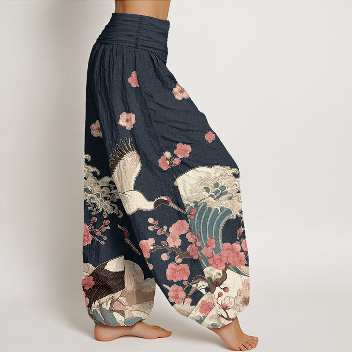 Pantaloni harem da donna con elastico in vita, in puro Buddha Stones , con gru e fiori di pesco e oceano - image 7