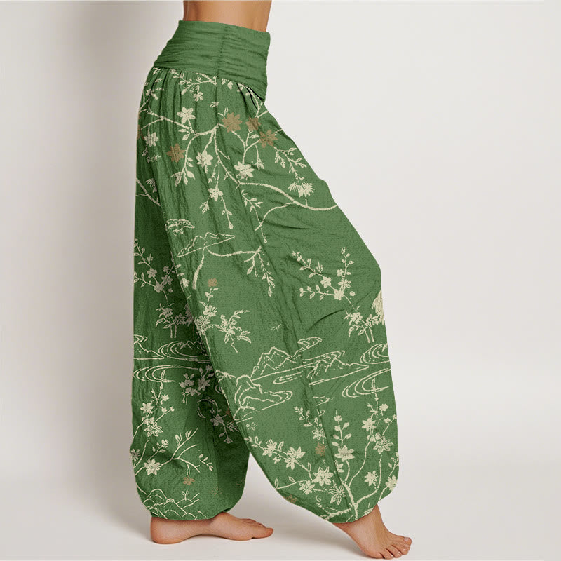 Pantaloni harem da donna in puro cotone con elastico in vita, motivo floreale, gru, Buddha Stones rami di albero - image 7