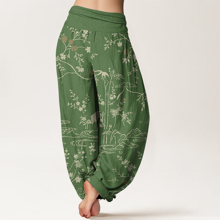 Pantaloni harem da donna in puro cotone con elastico in vita, motivo floreale, gru, Buddha Stones rami di albero - image 6