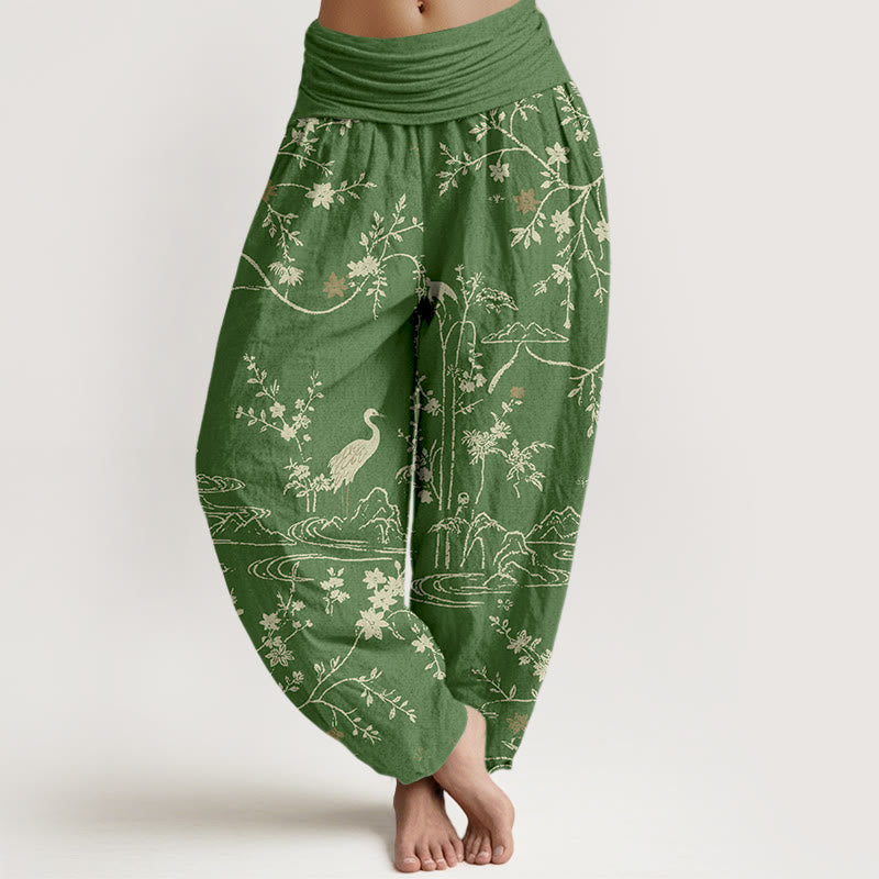 Pantaloni harem da donna in puro cotone con elastico in vita, motivo floreale, gru, Buddha Stones rami di albero - Verde foresta - US16, UK/AU20, EU48 (3XL) - image 5