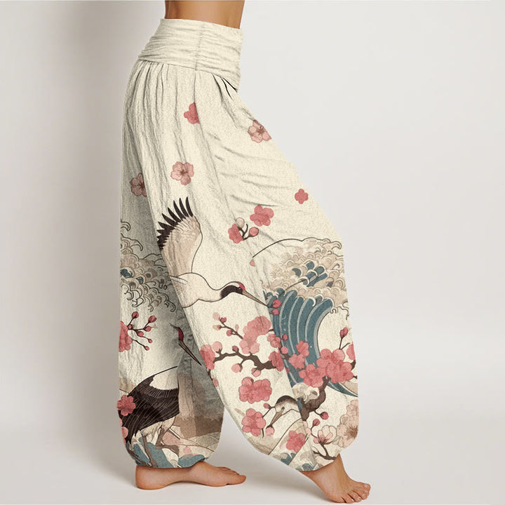 Pantaloni harem da donna con elastico in vita, in puro Buddha Stones , con gru e fiori di pesco e oceano - image 10
