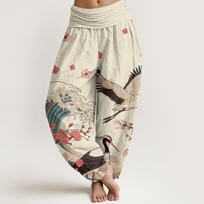 Pantaloni harem da donna con elastico in vita, in puro Buddha Stones , con gru e fiori di pesco e oceano - Biancheria - US16, UK/AU20, EU48 (3XL) - image 8