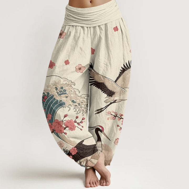 Pantaloni harem da donna con elastico in vita, in puro Buddha Stones , con gru e fiori di pesco e oceano - Biancheria - US16, UK/AU20, EU48 (3XL) - image 8