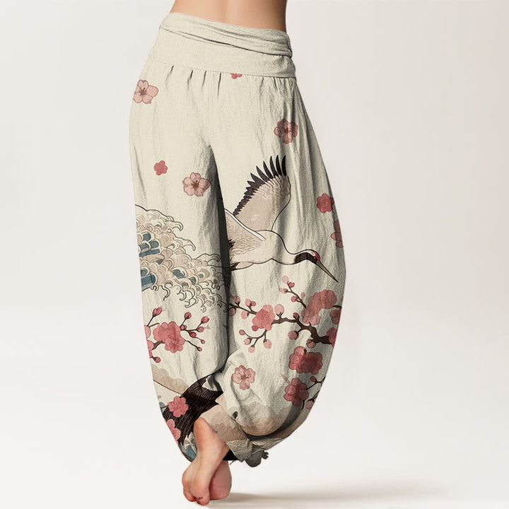 Pantaloni harem da donna con elastico in vita, in puro Buddha Stones , con gru e fiori di pesco e oceano - image 9