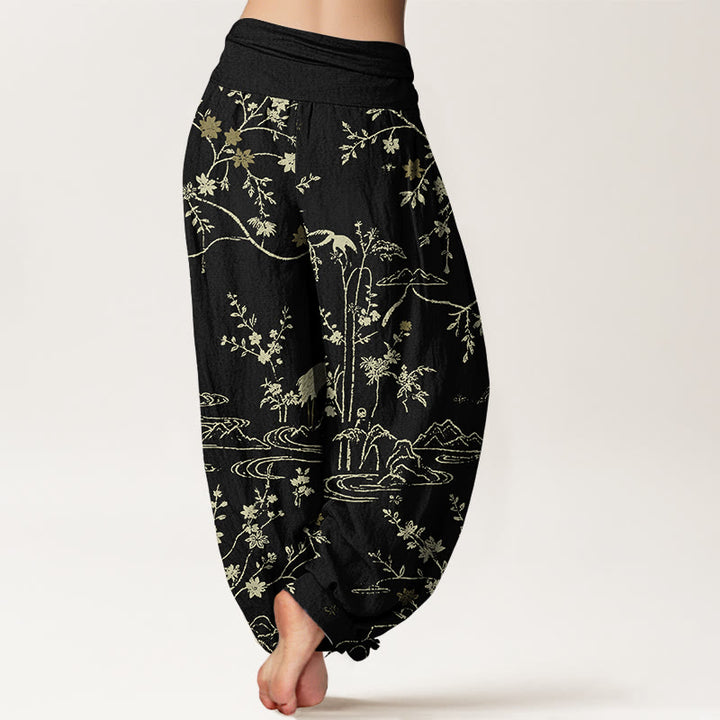 Pantaloni harem da donna in puro cotone con elastico in vita, motivo floreale, gru, Buddha Stones rami di albero - image 9