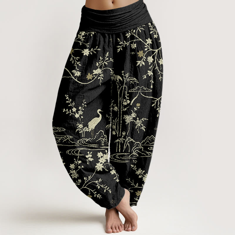 Pantaloni harem da donna in puro cotone con elastico in vita, motivo floreale, gru, Buddha Stones rami di albero - Nero - US16, UK/AU20, EU48 (3XL) - image 8