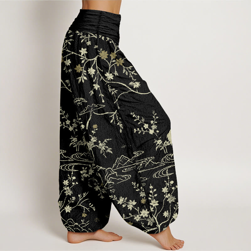Pantaloni harem da donna in puro cotone con elastico in vita, motivo floreale, gru, Buddha Stones rami di albero - image 10