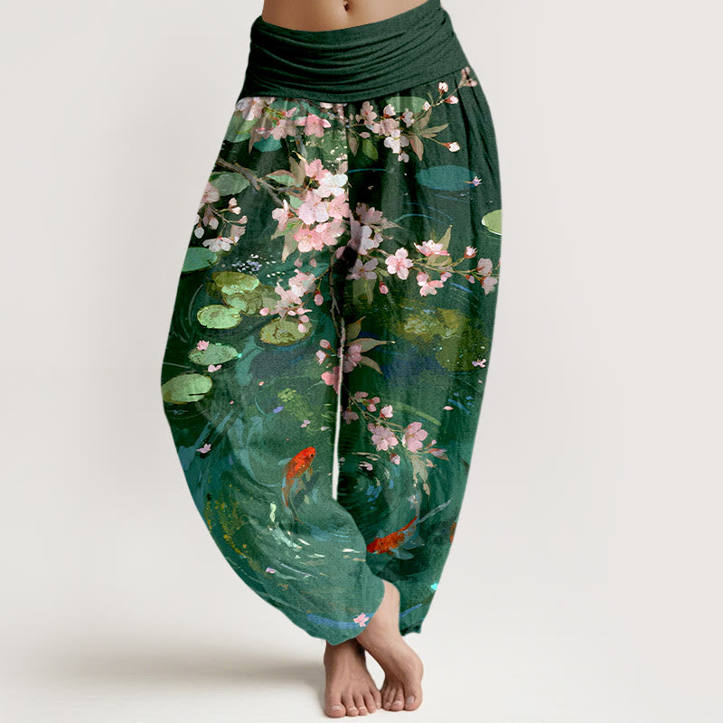 Pantaloni harem da donna con elastico in vita, in puro cotone, con Buddha Stones di ciliegio, pesci koi e foglie di loto - Verde mare - US16, UK/AU20, EU48 (3XL) - image 0