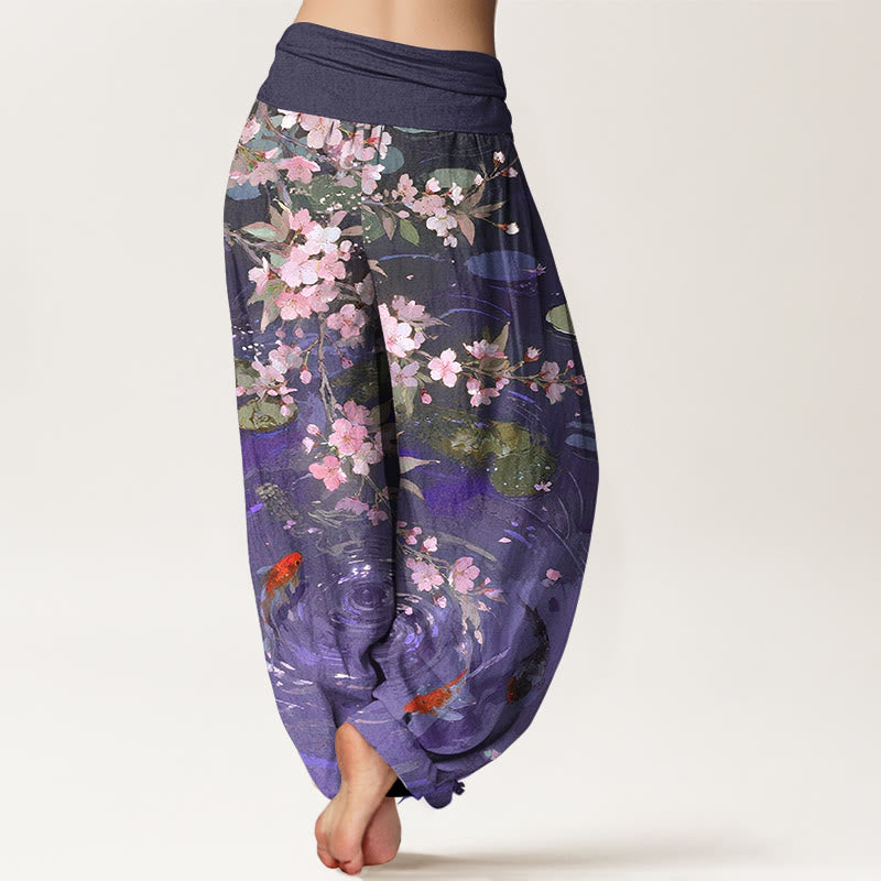 Pantaloni harem da donna con elastico in vita, in puro cotone, con Buddha Stones di ciliegio, pesci koi e foglie di loto - image 6