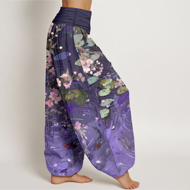 Pantaloni harem da donna con elastico in vita, in puro cotone, con Buddha Stones di ciliegio, pesci koi e foglie di loto - image 7