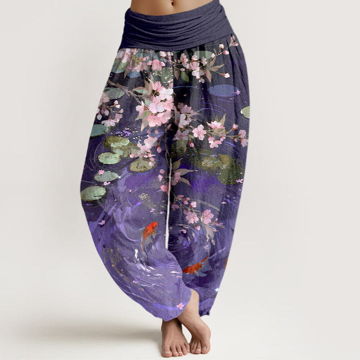 Pantaloni harem da donna con elastico in vita, in puro cotone, con Buddha Stones di ciliegio, pesci koi e foglie di loto - Viola scuro - US16, UK/AU20, EU48 (3XL) - image 5