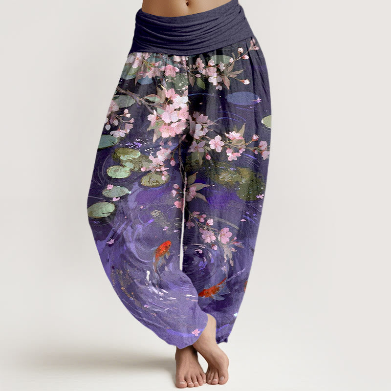 Pantaloni harem da donna con elastico in vita, in puro cotone, con Buddha Stones di ciliegio, pesci koi e foglie di loto - Viola scuro - US16, UK/AU20, EU48 (3XL) - image 5