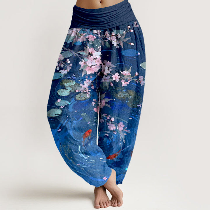 Pantaloni harem da donna con elastico in vita, in puro cotone, con Buddha Stones di ciliegio, pesci koi e foglie di loto - Blu Reale - US16, UK/AU20, EU48 (3XL) - image 8