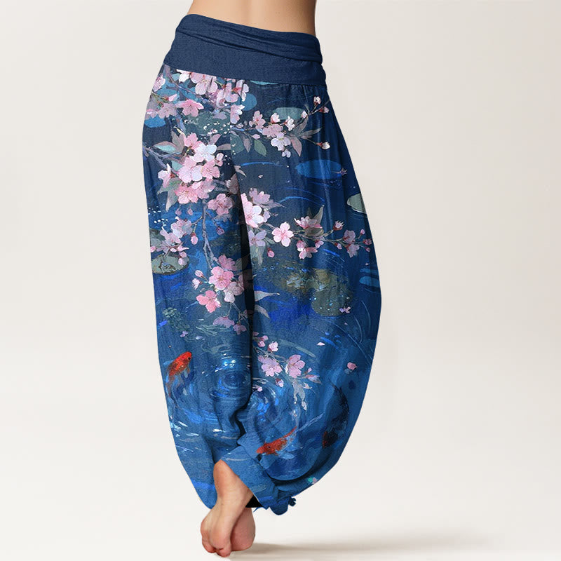 Pantaloni harem da donna con elastico in vita, in puro cotone, con Buddha Stones di ciliegio, pesci koi e foglie di loto - image 9