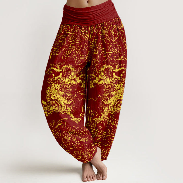 Pantaloni harem da donna con elastico in vita e motivo floreale in puro cotone con motivo drago Buddha Stones - FireBrick - US16, UK/AU20, EU48 (3XL) - image 0