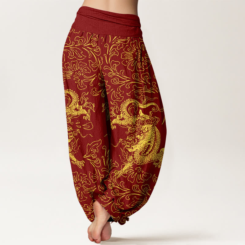 Pantaloni harem da donna con elastico in vita e motivo floreale in puro cotone con motivo drago Buddha Stones - image 1