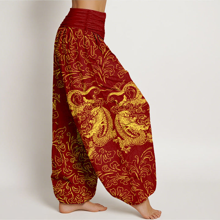 Pantaloni harem da donna con elastico in vita e motivo floreale in puro cotone con motivo drago Buddha Stones - image 2