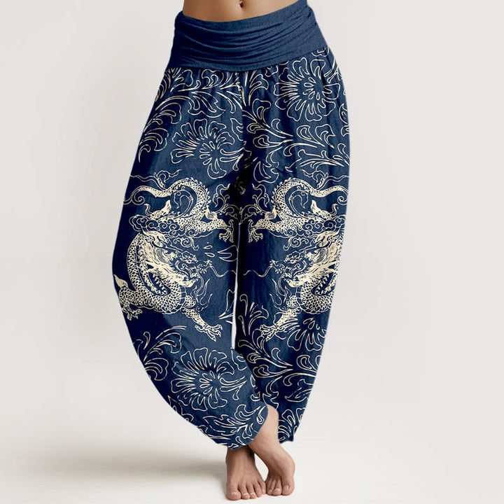 Pantaloni harem da donna con elastico in vita e motivo floreale in puro cotone con motivo drago Buddha Stones - SteelBlue - US16, UK/AU20, EU48 (3XL) - image 5