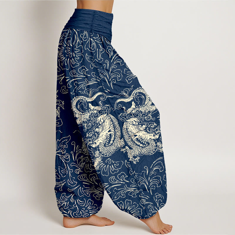 Pantaloni harem da donna con elastico in vita e motivo floreale in puro cotone con motivo drago Buddha Stones - image 7