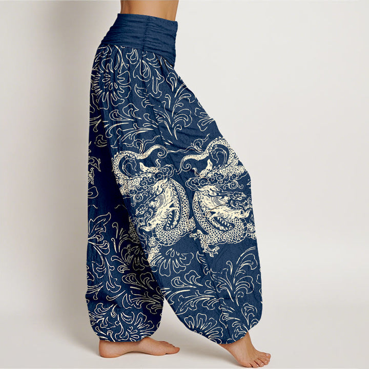 Pantaloni harem da donna con elastico in vita e motivo floreale in puro cotone con motivo drago Buddha Stones - image 7