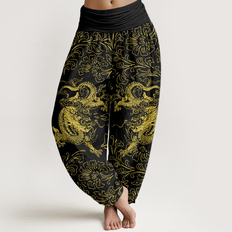 Pantaloni harem da donna con elastico in vita e motivo floreale in puro cotone con motivo drago Buddha Stones - Nero - US16, UK/AU20, EU48 (3XL) - image 8