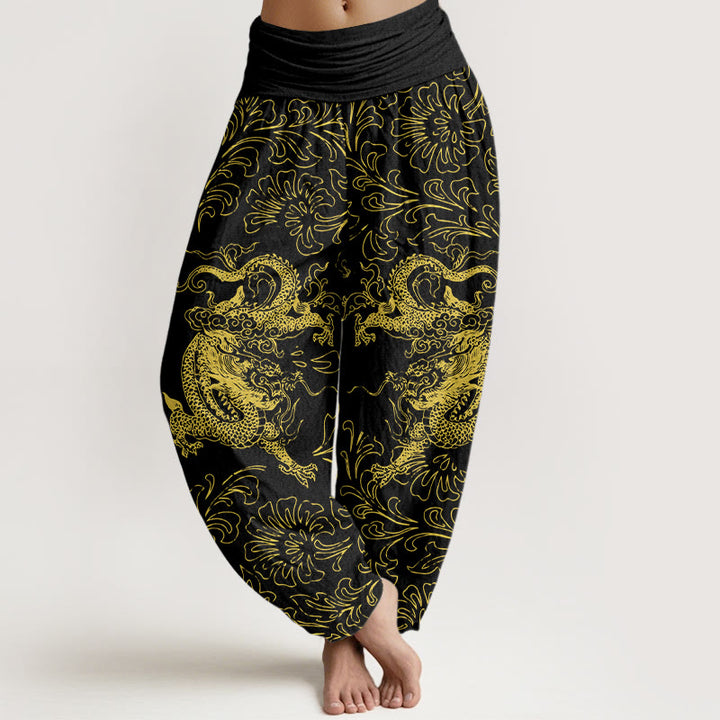 Pantaloni harem da donna con elastico in vita e motivo floreale in puro cotone con motivo drago Buddha Stones - Nero - US16, UK/AU20, EU48 (3XL) - image 8