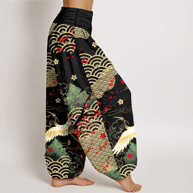 Pantaloni Buddha Stones in cotone con elastico in vita, motivo con gru, nuvole di buon auspicio e fiori, da donna - image 2
