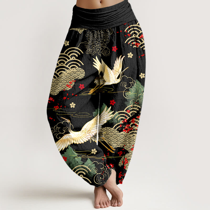 Pantaloni Buddha Stones in cotone con elastico in vita, motivo con gru, nuvole di buon auspicio e fiori, da donna - Nero - US16, UK/AU20, EU48 (3XL) - image 0