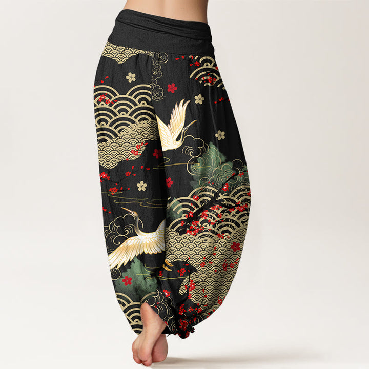 Pantaloni Buddha Stones in cotone con elastico in vita, motivo con gru, nuvole di buon auspicio e fiori, da donna - image 1