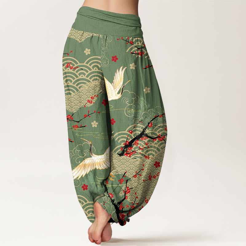 Pantaloni Buddha Stones in cotone con elastico in vita, motivo con gru, nuvole di buon auspicio e fiori, da donna - image 6