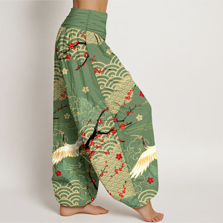 Pantaloni Buddha Stones in cotone con elastico in vita, motivo con gru, nuvole di buon auspicio e fiori, da donna - image 7