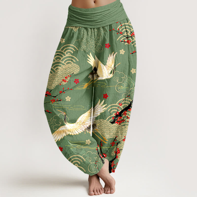 Pantaloni Buddha Stones in cotone con elastico in vita, motivo con gru, nuvole di buon auspicio e fiori, da donna - Verdemare medio - US16, UK/AU20, EU48 (3XL) - image 5