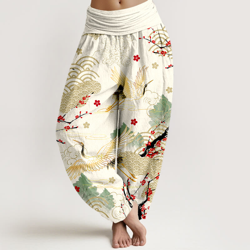 Pantaloni Buddha Stones in cotone con elastico in vita, motivo con gru, nuvole di buon auspicio e fiori, da donna - Avorio - US16, UK/AU20, EU48 (3XL) - image 8