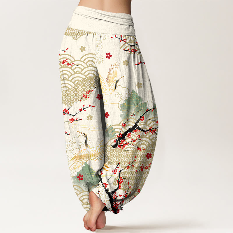 Pantaloni Buddha Stones in cotone con elastico in vita, motivo con gru, nuvole di buon auspicio e fiori, da donna - image 9