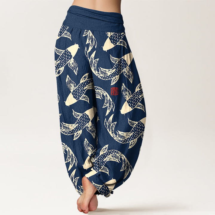 Pantaloni harem da donna con elastico in vita, in puro cotone, con motivo a pesci koi che nuotano, Buddha Stones - image 1