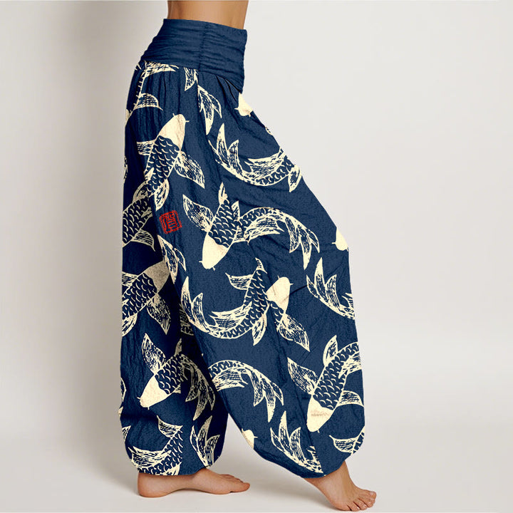 Pantaloni harem da donna con elastico in vita, in puro cotone, con motivo a pesci koi che nuotano, Buddha Stones - image 2