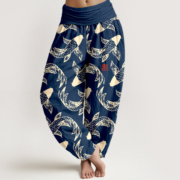 Pantaloni harem da donna con elastico in vita, in puro cotone, con motivo a pesci koi che nuotano, Buddha Stones - SteelBlue - US16, UK/AU20, EU48 (3XL) - image 0