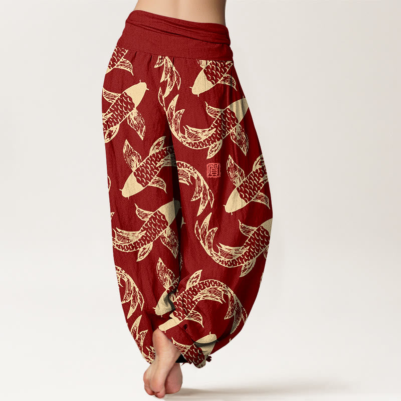 Pantaloni harem da donna con elastico in vita, in puro cotone, con motivo a pesci koi che nuotano, Buddha Stones - image 6