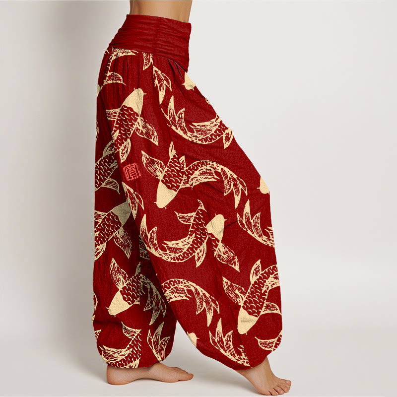 Pantaloni harem da donna con elastico in vita, in puro cotone, con motivo a pesci koi che nuotano, Buddha Stones - image 7
