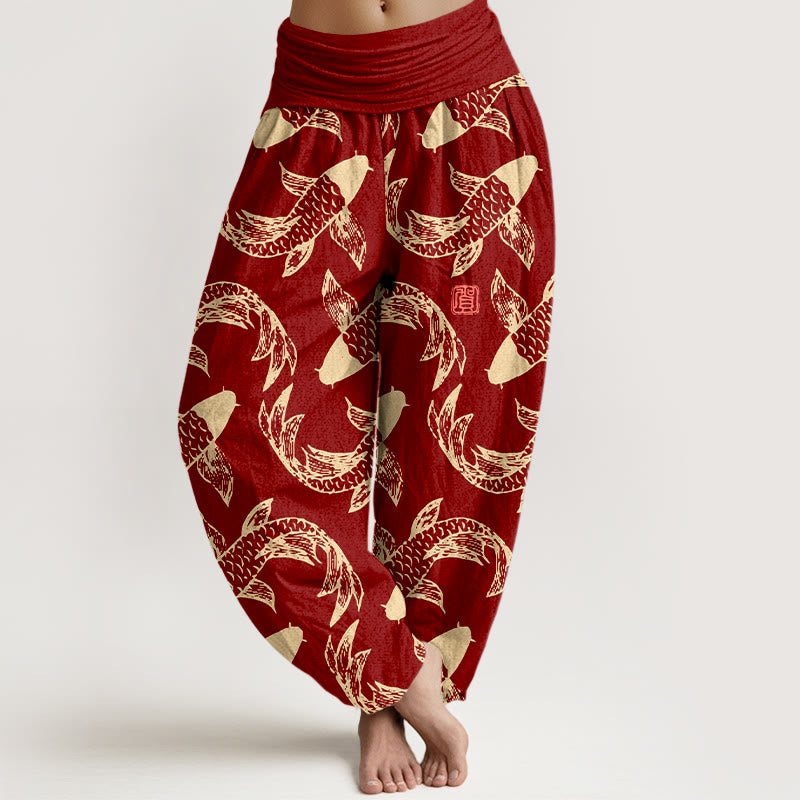 Pantaloni harem da donna con elastico in vita, in puro cotone, con motivo a pesci koi che nuotano, Buddha Stones - Mattoni refrattari - US16, UK/AU20, EU48 (3XL) - image 5