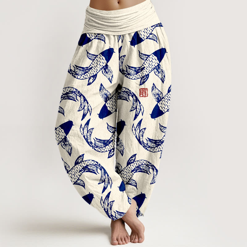 Pantaloni harem da donna con elastico in vita, in puro cotone, con motivo a pesci koi che nuotano, Buddha Stones - Biancheria - US16, UK/AU20, EU48 (3XL) - image 8