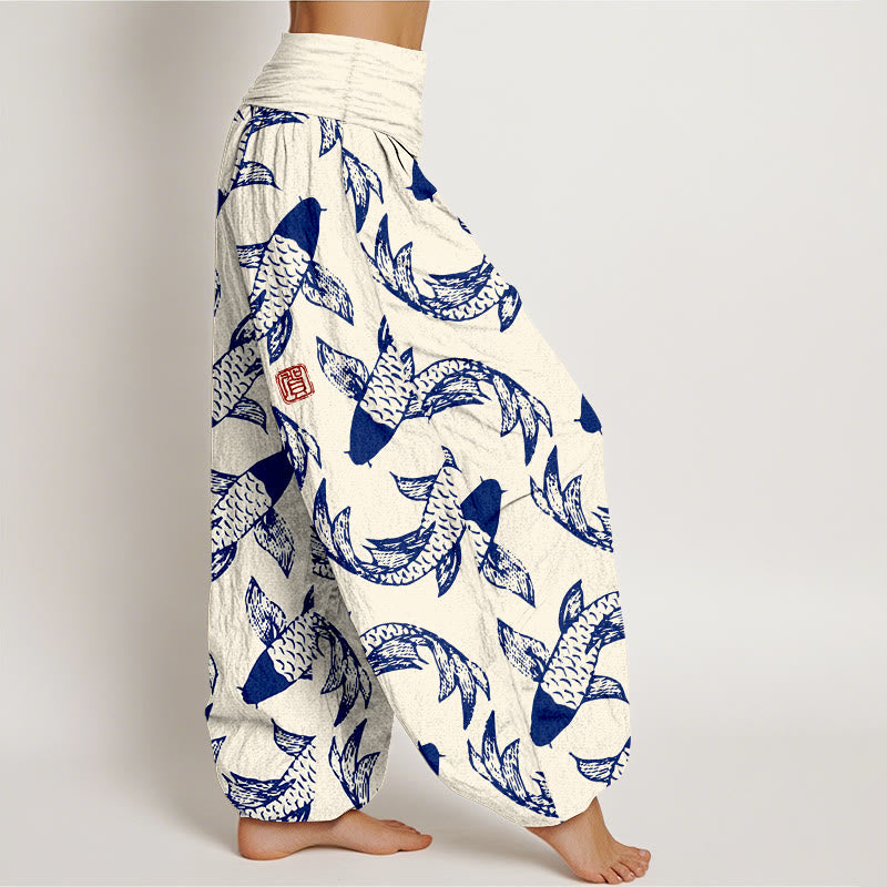 Pantaloni harem da donna con elastico in vita, in puro cotone, con motivo a pesci koi che nuotano, Buddha Stones - image 10