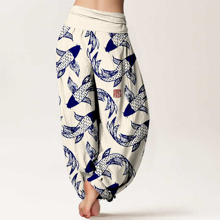 Pantaloni harem da donna con elastico in vita, in puro cotone, con motivo a pesci koi che nuotano, Buddha Stones - image 9