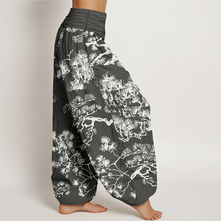 Pantaloni harem da donna in puro cotone con elastico in vita e rami di pino, motivo Buddha Stones - image 2