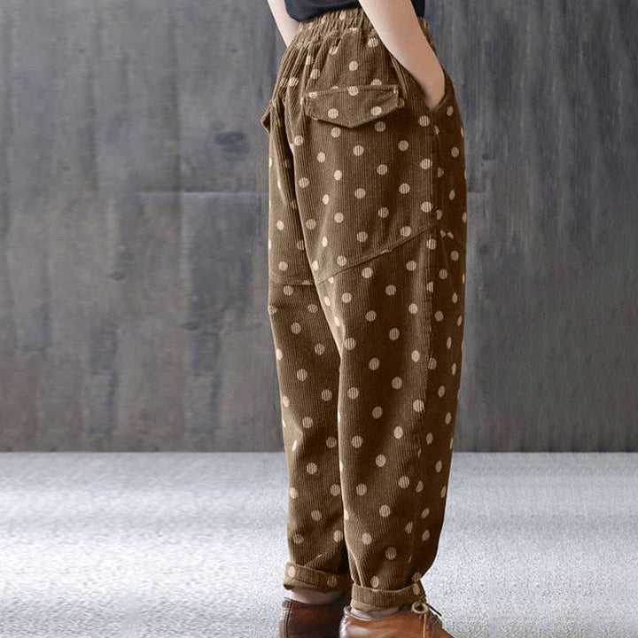 Pantaloni harem in velluto a coste con stampa a pois e tasche da donna Buddha Stones - image 5