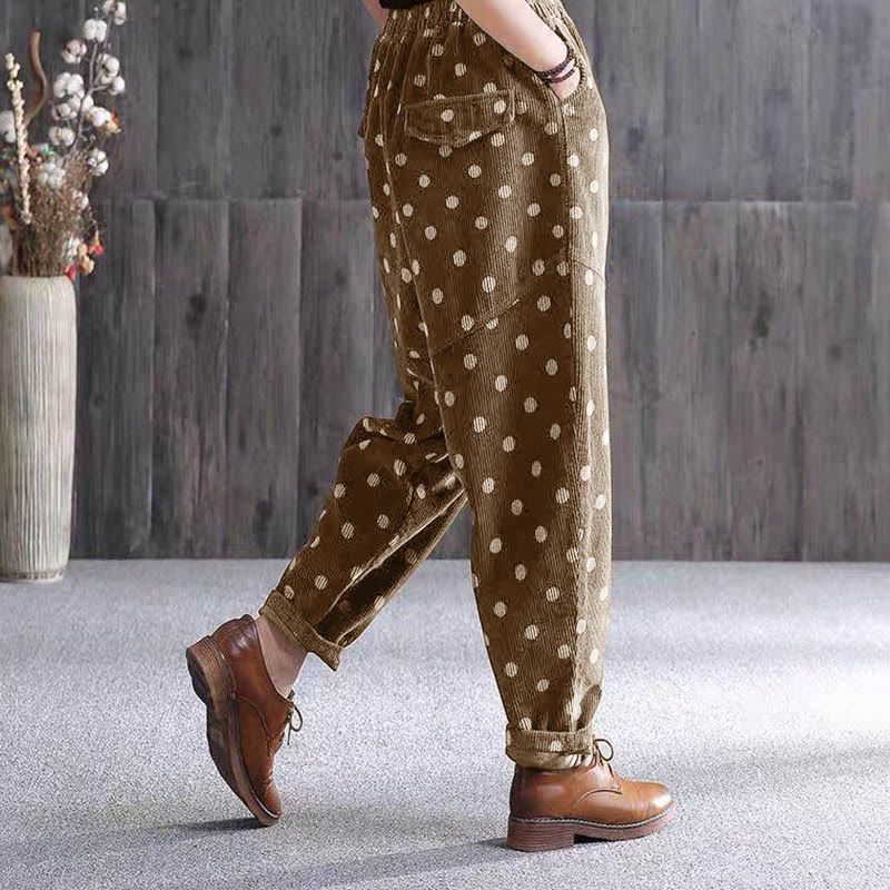 Pantaloni harem in velluto a coste con stampa a pois e tasche da donna Buddha Stones - image 4